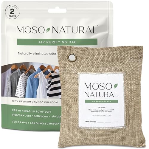 MOSO NATURAL كيس حبيبات تنقية الهواء غير المعطر 200 جرام. مزيل الروائح، ماص للروائح للسيارات والخزائن. لون طبيعي (بيج)، كيس فحم طويل الأمد | يدوم حتى 2 سنة! - Image 1