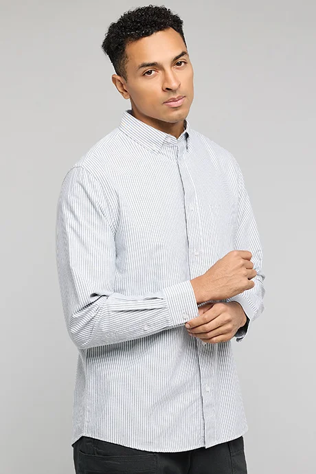 R&B Striped Shirt with Button-Down Collar and Long Sleeves