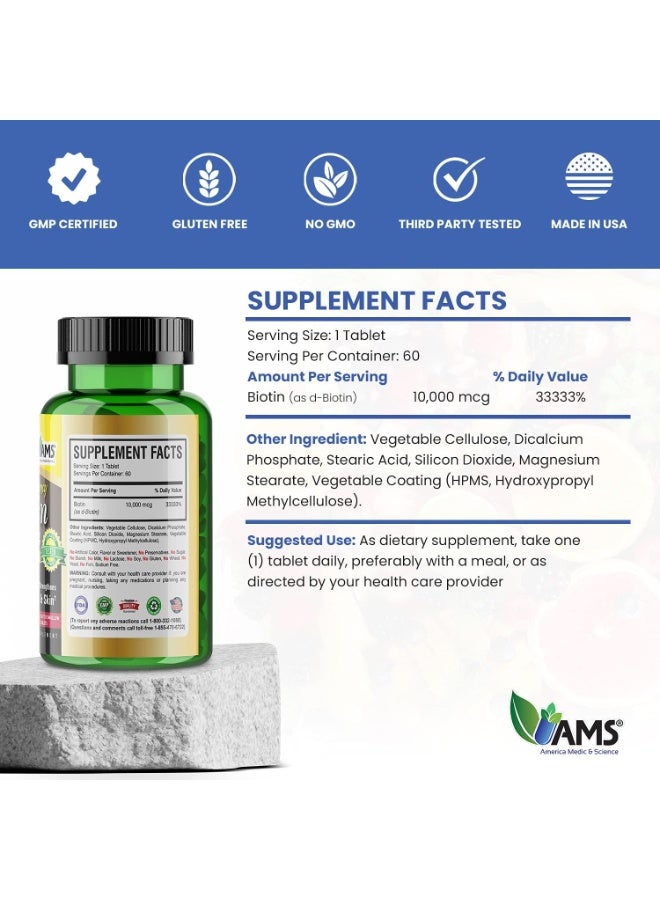 AMS Biotin Supplement 10,000 mcg Tablet, Hair Skin And Nails Vitamin, Pack of 60's - Image 4