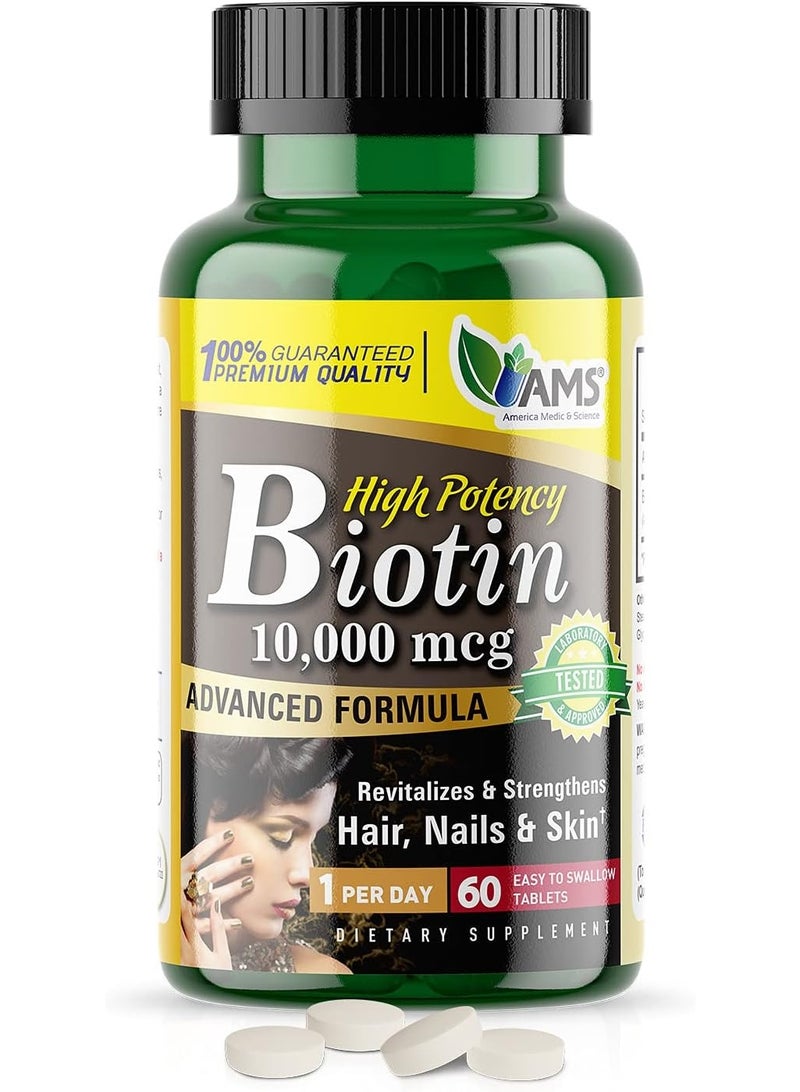 AMS Biotin Supplement 10,000 mcg Tablet, Hair Skin And Nails Vitamin, Pack of 60's - Image 1