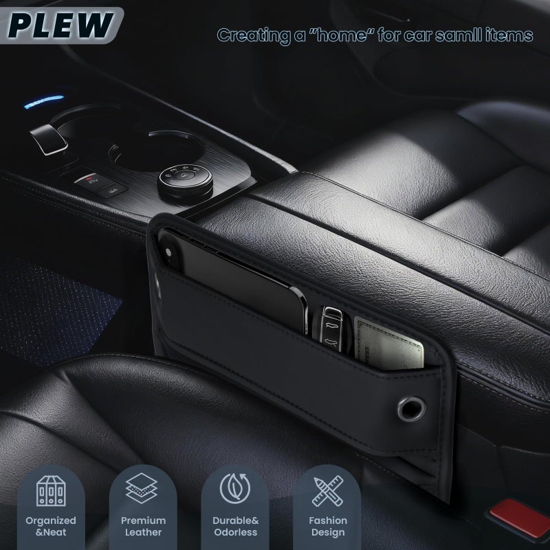 PLEW 2-Pack Car Seat Gap Filler Organizer - Upgraded Anti-Slip Strap Design - Premium Leather Side Console Pocket - Prevent Phone Falling - Universal Fit Car Essentials for SUV, Truck & Sedan, Black - Image 2