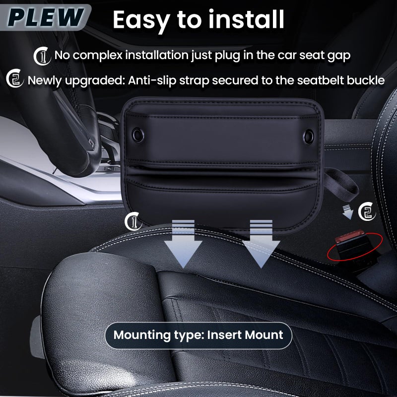 PLEW 2-Pack Car Seat Gap Filler Organizer - Upgraded Anti-Slip Strap Design - Premium Leather Side Console Pocket - Prevent Phone Falling - Universal Fit Car Essentials for SUV, Truck & Sedan, Black - Image 3