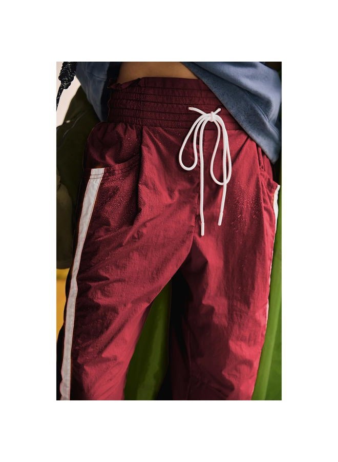 SeeLuNa Casual Wide Leg Pants Woman Drawstring Elastic Waist High Rise Strip Flowy Long Lounge Trousers with Pockets, Dark-red, XS - Image 3