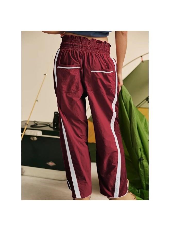 SeeLuNa Casual Wide Leg Pants Woman Drawstring Elastic Waist High Rise Strip Flowy Long Lounge Trousers with Pockets, Dark-red, XS - Image 2
