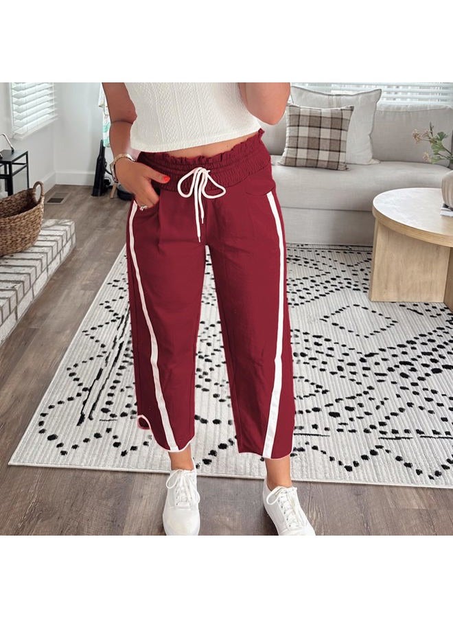 SeeLuNa Casual Wide Leg Pants Woman Drawstring Elastic Waist High Rise Strip Flowy Long Lounge Trousers with Pockets, Dark-red, XS - Image 5