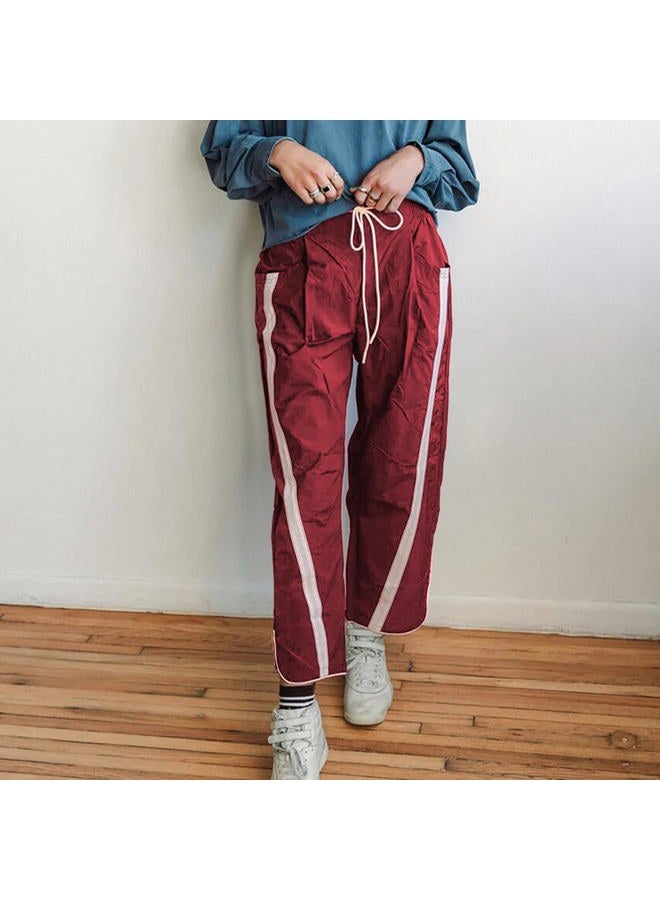 SeeLuNa Casual Wide Leg Pants Woman Drawstring Elastic Waist High Rise Strip Flowy Long Lounge Trousers with Pockets, Dark-red, XS - Image 4