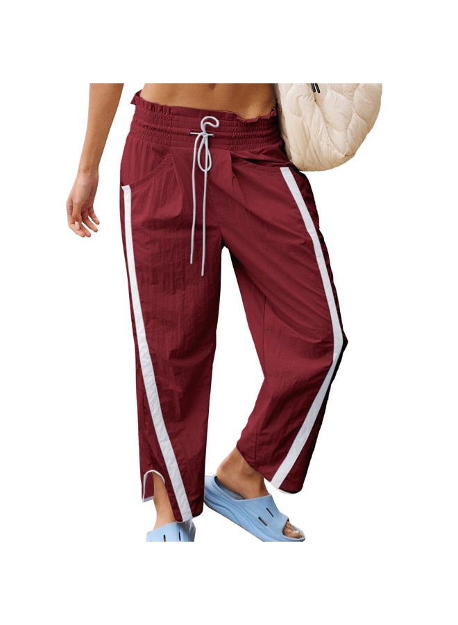 SeeLuNa Casual Wide Leg Pants Woman Drawstring Elastic Waist High Rise Strip Flowy Long Lounge Trousers with Pockets, Dark-red, XS - Image 1