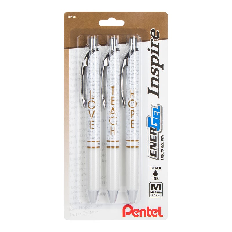 Pentel قلم حبر جل قابل للسحب من إينرجل، مجموعة إنسباير، 0.7 مم، طرف معدني، خط متوسط، حبر أسود، عبوة من 3 أقلام (BL77INSPBP3M1) - Image 1