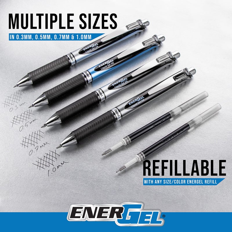 Pentel قلم حبر جل قابل للسحب من إينرجل، مجموعة إنسباير، 0.7 مم، طرف معدني، خط متوسط، حبر أسود، عبوة من 3 أقلام (BL77INSPBP3M1) - Image 5