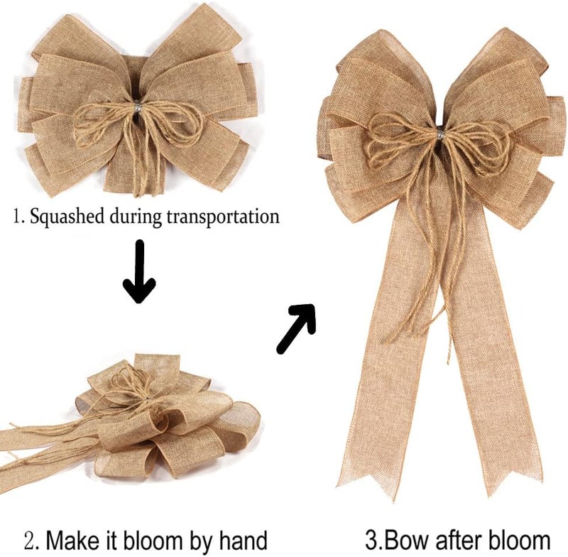 Hongsome 2 Pack Large Burlap Jute Hemp Rope Bows for Wreaths,Rustic Farmhouse Crafts Bow Wrapping Tree Topper Wedding Holiday Birthday Party Wall Home Boho Front Door Decorations - Image 4