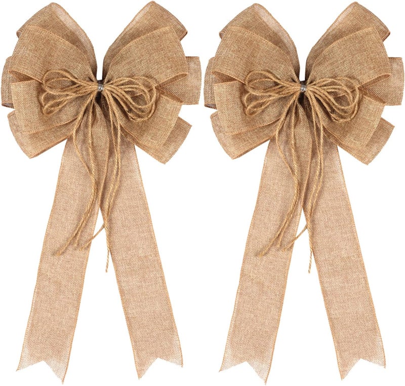 Hongsome 2 Pack Large Burlap Jute Hemp Rope Bows for Wreaths,Rustic Farmhouse Crafts Bow Wrapping Tree Topper Wedding Holiday Birthday Party Wall Home Boho Front Door Decorations - Image 1