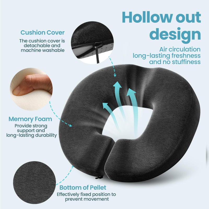 Benazcap Donut Pillow Seat Cushion, Donut Chair Cushions for Postpartum Pregnancy & Hemorrhoids, Memory Foam Seat Chair Cushion for Sciatica & Hip & Coccyx Pain Relief-Black - Image 3