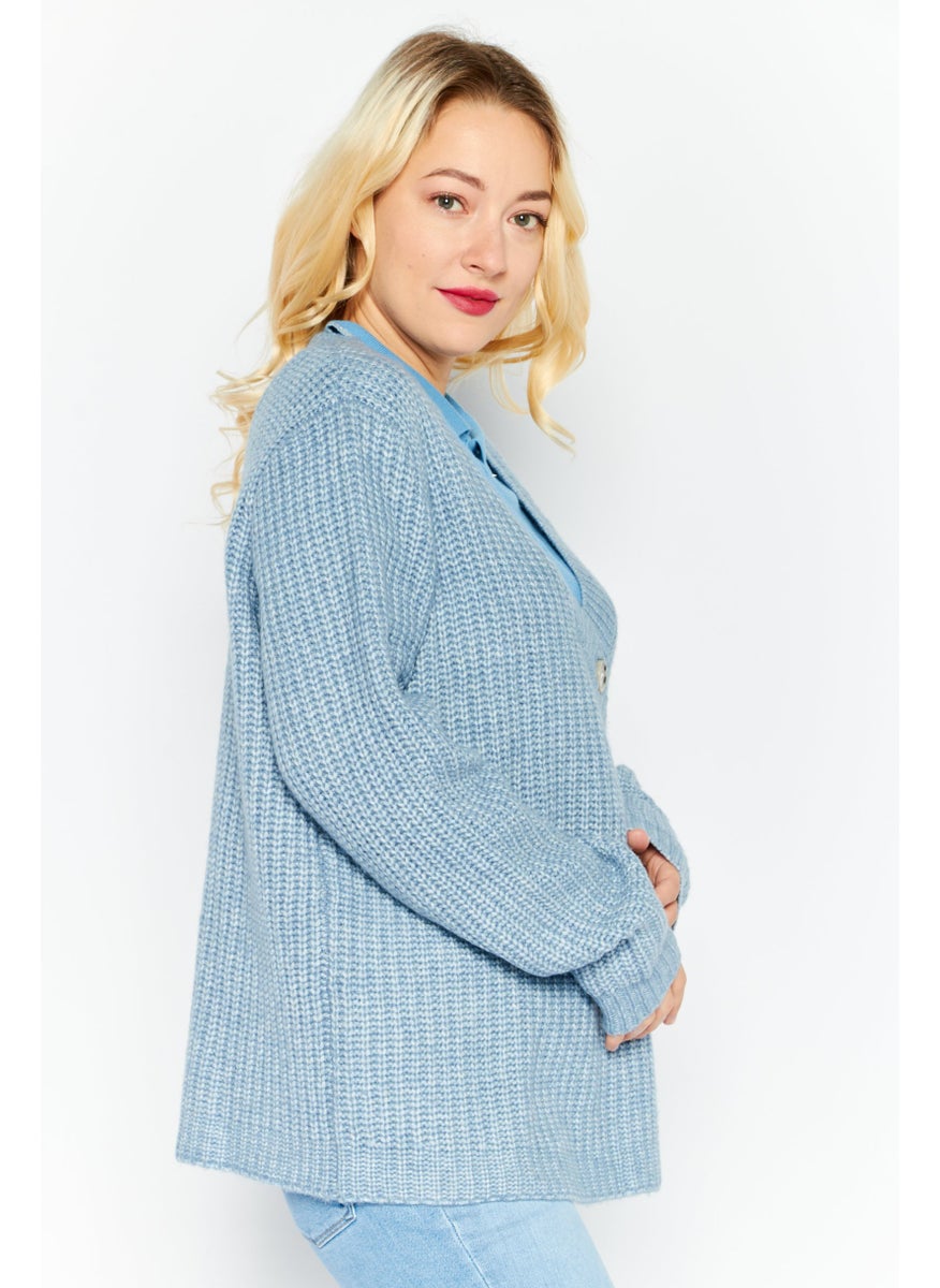 Women V Neck Long Sleeve Textured Cardigan, Blue - pzsku/Z6FF875A38C978B72AE13Z/45/_/1727187667/4f88f0cb-635a-4dc3-9294-66481414a3b2