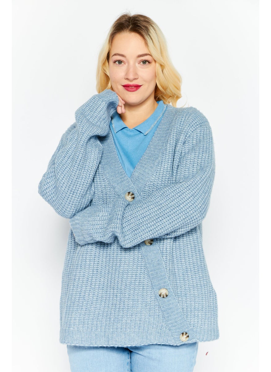 Women V Neck Long Sleeve Textured Cardigan, Blue - pzsku/Z6FF875A38C978B72AE13Z/45/_/1727187851/30fb7c6f-9664-46fc-8128-544ff9519eff