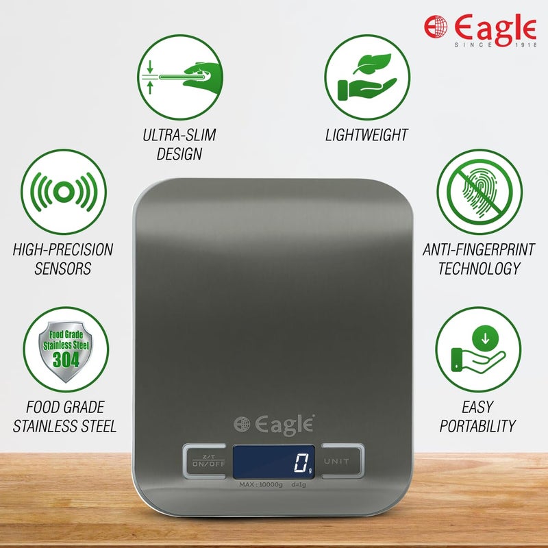 Eagle Eagle Stainless Steel Digital Kitchen Weighing Scale with 10 kg Capacity 1 Gram Accuracy Food Weight Machine for Diet Nutrition Health Fitness Baking Cooking Silver - Image 2