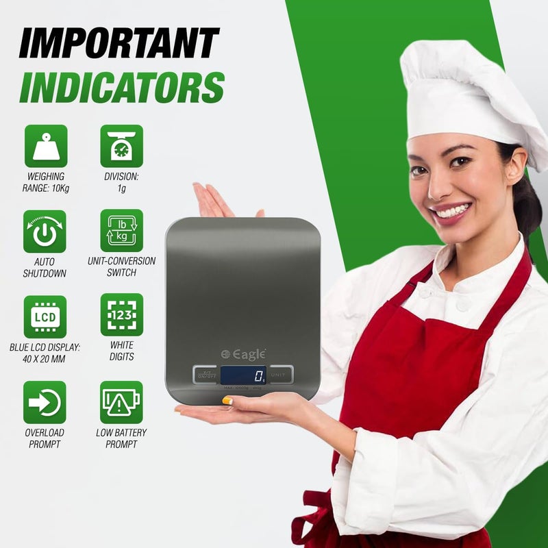 Eagle Eagle Stainless Steel Digital Kitchen Weighing Scale with 10 kg Capacity 1 Gram Accuracy Food Weight Machine for Diet Nutrition Health Fitness Baking Cooking Silver - Image 3