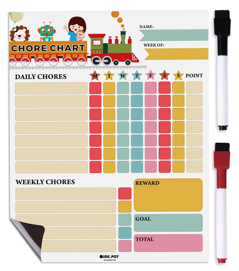 Inkdotpot Magnetic Dry Erase Weekly/Daily Chore Chart for Kids - Schedule Board, Reward and Good Behavior Chart With 2 Markers (Train) - Image 1