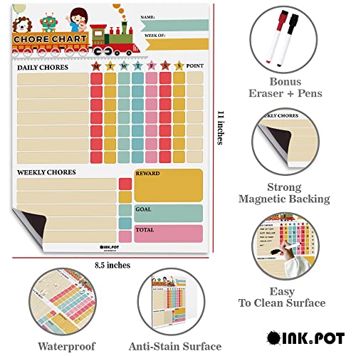 Inkdotpot Magnetic Dry Erase Weekly/Daily Chore Chart for Kids - Schedule Board, Reward and Good Behavior Chart With 2 Markers (Train) - Image 3