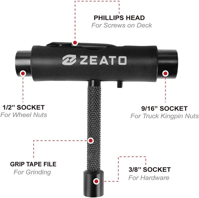Zeato All-in-One Skate Tools Multi-Function Portable Skateboard T Tool Accessory with T-Type Allen Key and L-Type Phillips Head Wrench Screwdriver - Image 2