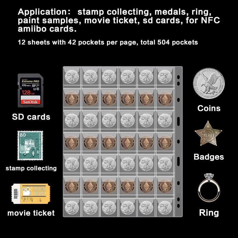 ANKHOH 12 Sheets Coin Collection Supplies Pages, Collecting Book Album Protectors Sleeves with Standard 9 Hole for Coin Binder, Currency Holder Storage for Pennies, Quarters Stamp (42 Pocket per Sheet) - Image 5