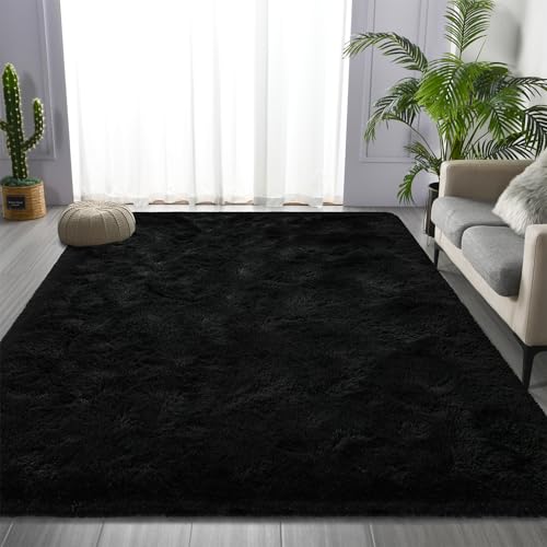 Deerhoo Large Shag Area Rugs 6 x 9, Plush Fuzzy Rugs for Living Room, Ultra Soft Fluffy Furry Rug for Bedroom, Indoor Carpet Nursery Rugs for Kids Room Home Decor, Black - Image 2