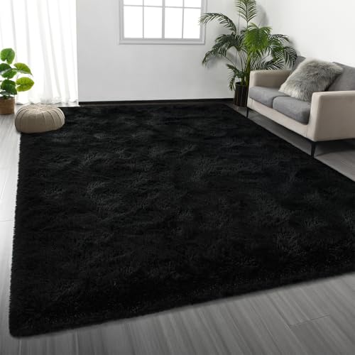 Deerhoo Large Shag Area Rugs 6 x 9, Plush Fuzzy Rugs for Living Room, Ultra Soft Fluffy Furry Rug for Bedroom, Indoor Carpet Nursery Rugs for Kids Room Home Decor, Black - Image 1