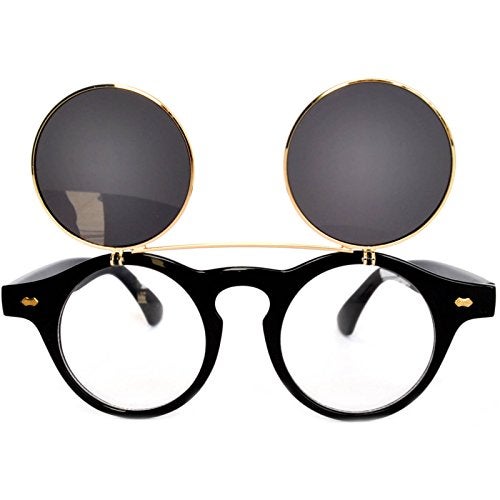 OWL Steampunk Retro Gothic Vintage Colored Metal Round Circle Frame Sunglasses Colored Lens (Flipup_C2_Black_Gold_Smoke, PC Lens) - Image 3