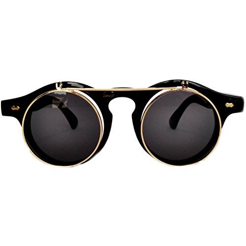 OWL Steampunk Retro Gothic Vintage Colored Metal Round Circle Frame Sunglasses Colored Lens (Flipup_C2_Black_Gold_Smoke, PC Lens) - Image 4