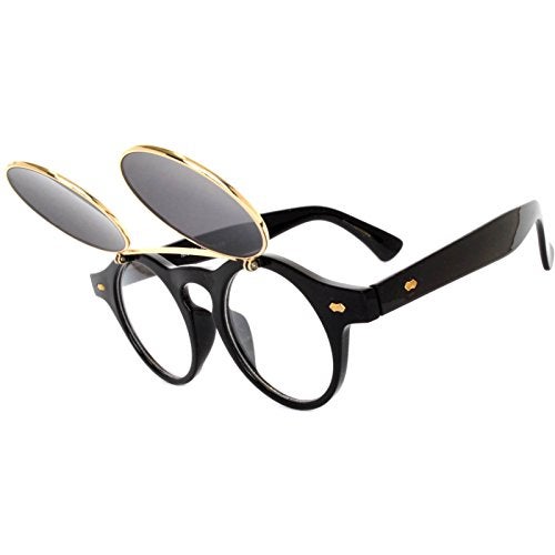 OWL Steampunk Retro Gothic Vintage Colored Metal Round Circle Frame Sunglasses Colored Lens (Flipup_C2_Black_Gold_Smoke, PC Lens) - Image 2