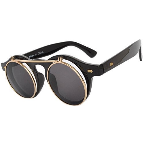 OWL Steampunk Retro Gothic Vintage Colored Metal Round Circle Frame Sunglasses Colored Lens (Flipup_C2_Black_Gold_Smoke, PC Lens) - Image 1