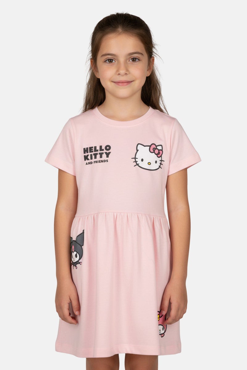 Disney X Hello Kitty Kids Girl Crew Neck Graphic Print Dress, Pink - Image 1