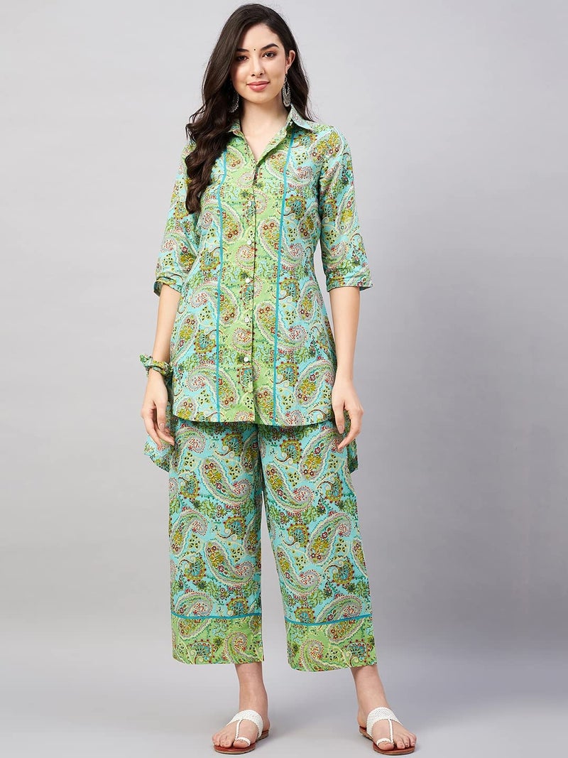 WineRed Woman Green Paisley Print Hi-Low Co-ord Set with Scrunchies - Image 3