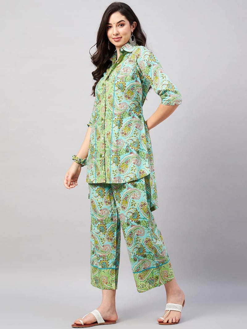 WineRed Woman Green Paisley Print Hi-Low Co-ord Set with Scrunchies - Image 2