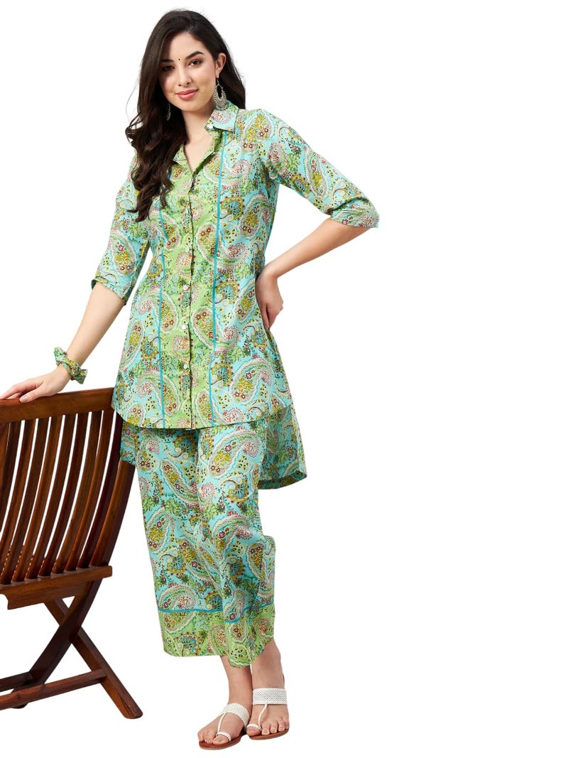 WineRed Woman Green Paisley Print Hi-Low Co-ord Set with Scrunchies - Image 1