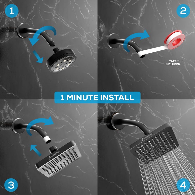 SparkPod Shower Head - High Pressure Rain - Premium Quality Luxury Design - Easy Clean Adjustable Replacement for Your Bathroom Shower Heads (Midnight Black Matte, 6 Inch Square) - Image 4