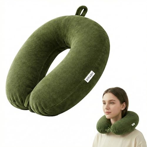 BTfash Travel Neck Pillow for Men & Women | Soft Fibre Cushion for Flight, Car & Train | Soft Velvet Fabric with Attachable Snap Strap | Cervical Support for Neck Pain Relief. Pack of 1 (Grass Green) - Image 1