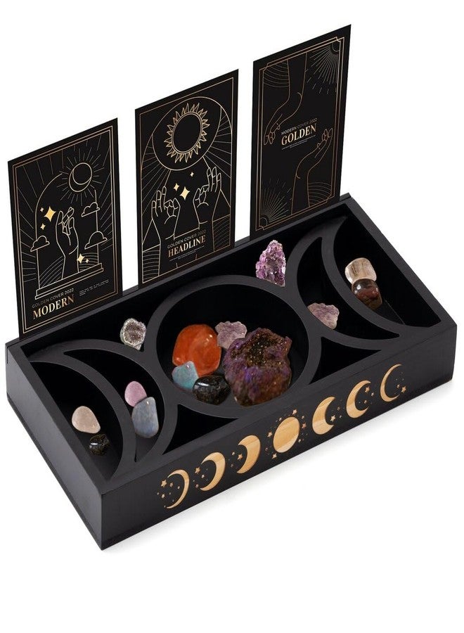 yeesport Wooden Tarot Card Holder Stand, Crystal Holder for Stones Display, Crystal Storage Organizer, Moon Tray, 3 Tarot Card Stand for Immerse Reading, Moon Phase Design Tarot Deck Display Stand Box for - Image 1