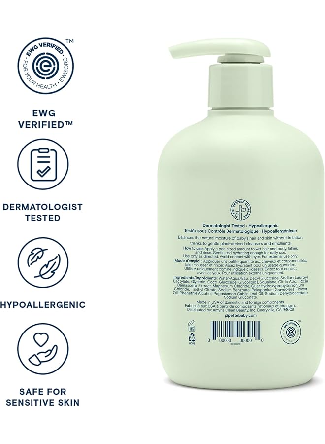 pipette Baby Shampoo And Body Wash Fragrance Free Tear Free Bath Time Hypoallergenic Moisturizing Plant Derived Squalane New Formula 11.8 Fl Oz - Image 3