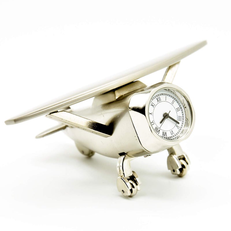 Decor Analog Table Clock, Aircraft Design Metal Paper Weight, Airplane Showpiece for Home, Office Desk Decoration in Silver Color (7 X 10 X 5 Cm) - Image 1