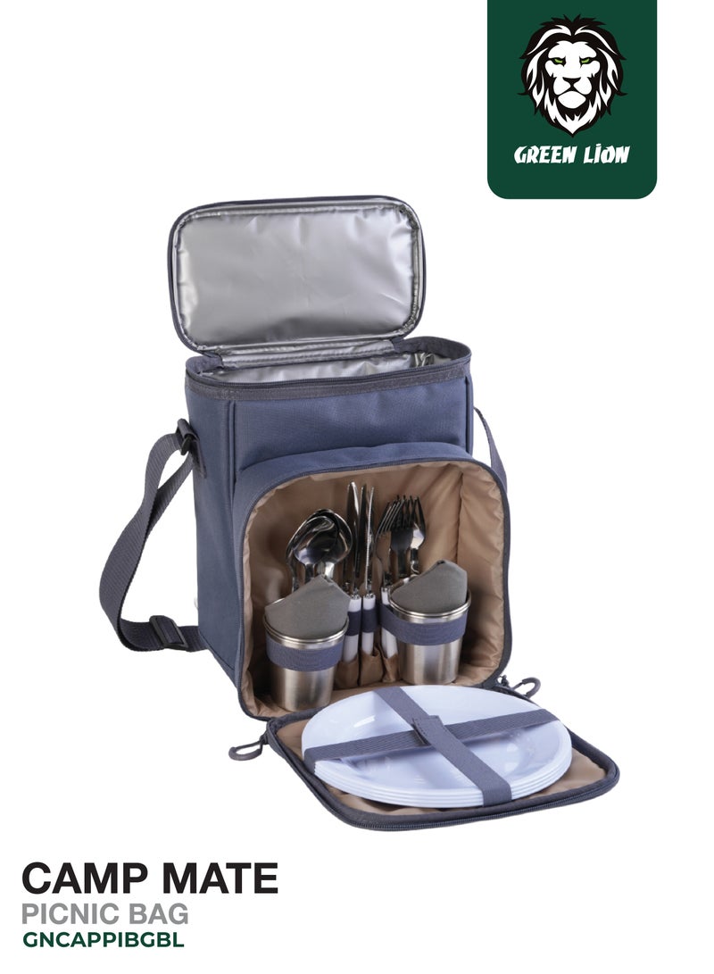 GREEN LION Camp Mate Set Picnic Bag for 4-Person / Outdoor Travel Thermal Insulation Bag / Includes Stainless steel nives 4 , forks 4 , spoons 4 , cups 4 , dinner plates 9" 4 , napkins 4 / Leak Proof / Easy to Clean / Adjustable Shoulder Strap - Blue - Image 1