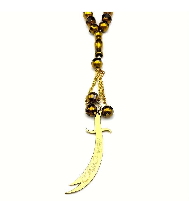 Golden Stainless Steel Curved Sword Pendant With Prayer Beads For Car Rearview Mirror Decor - Image 4