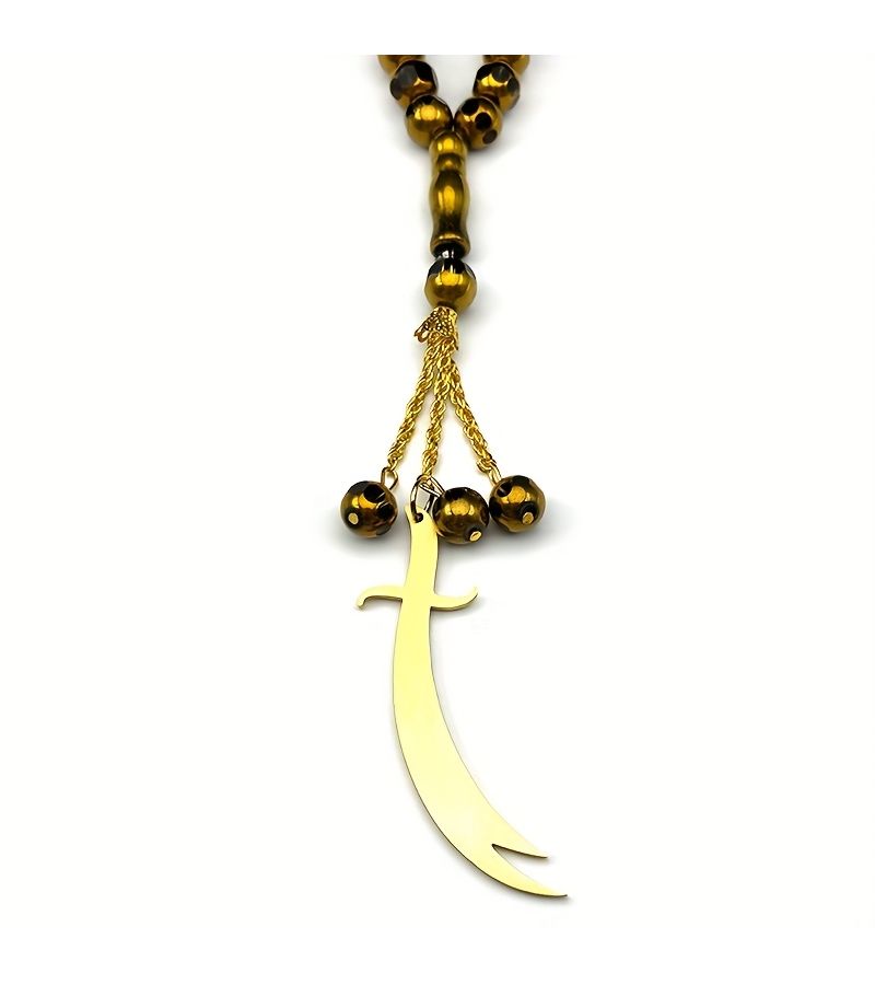 Golden Stainless Steel Curved Sword Pendant With Prayer Beads For Car Rearview Mirror Decor - Image 5