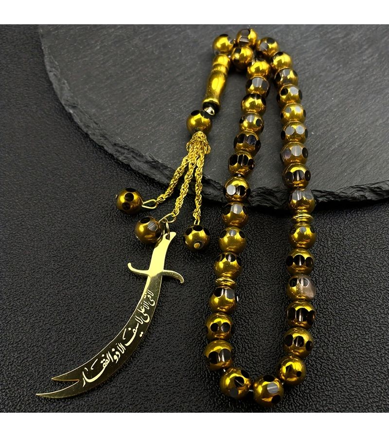 Golden Stainless Steel Curved Sword Pendant With Prayer Beads For Car Rearview Mirror Decor - Image 1