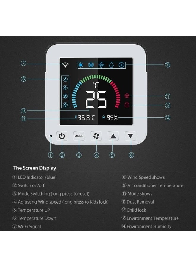 Universal Smart Thermostat for Remote Control of Air Conditioner with Color Backlight LCD Display and Temperature and Humidity - Image 3