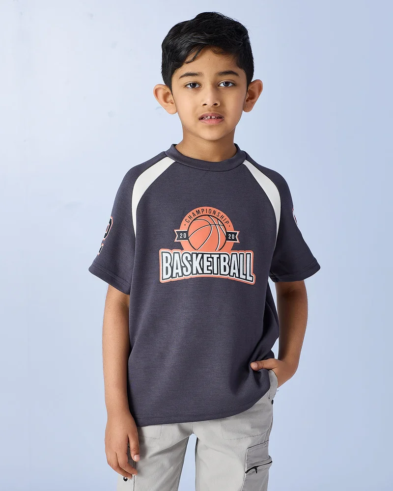 Redtag Boys Grey Printed Modal Blend T Shirt
