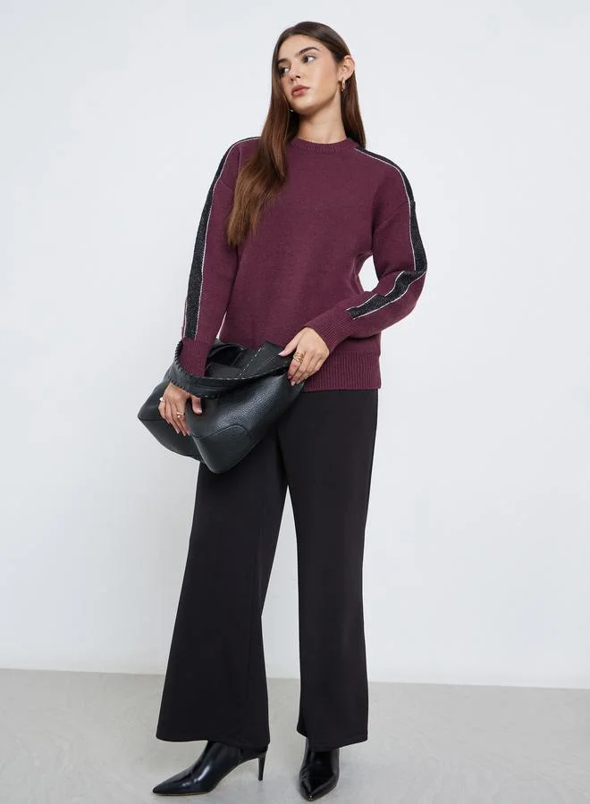 Styli Styli Burgundy Regular Fit Sweater with Side Striped