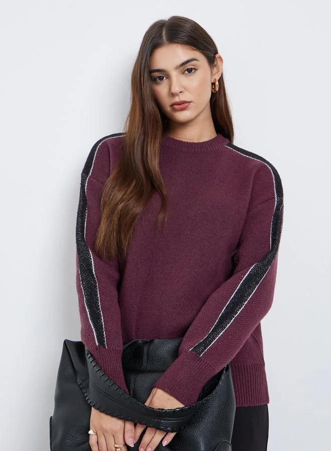 Styli Styli Burgundy Regular Fit Sweater with Side Striped