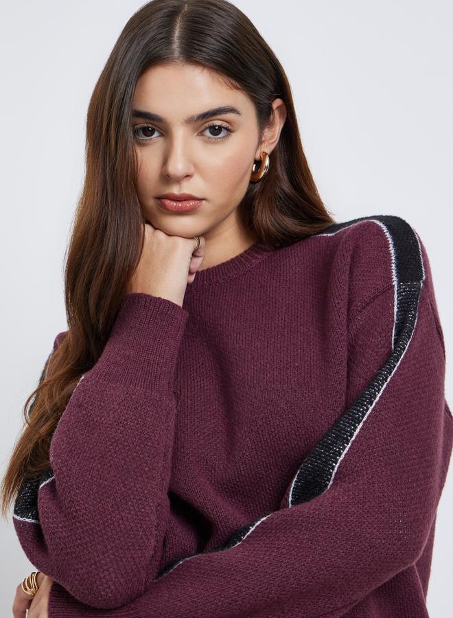 Styli Burgundy Regular Fit Sweater with Side Striped - Image 3