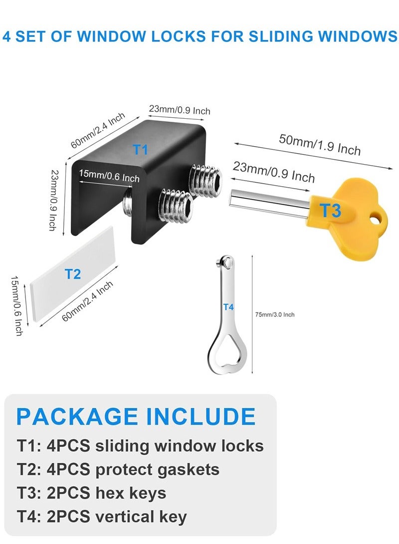 ULHYC Window Locks, 4 Sets Sliding Window Locks with Key Easy to Install, for Vertical & Horizontal Sliding Windows Doors, Adjustable Security Window Lock for Patio Bedroom Home, and Office (Black)  - Image 3