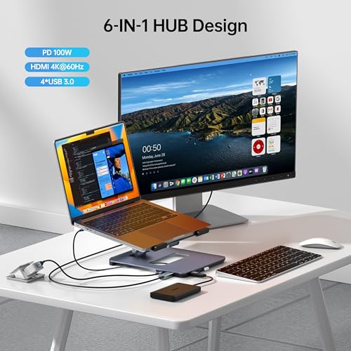 BENFEI Laptop Stand with USB C 6in1 Docking Station, HDMI 4K@60Hz, 4*USB3.0, 100W PD Compatible with MacBook Pro/Air, iPad Pro, XPS, Thinkpad - Image 2